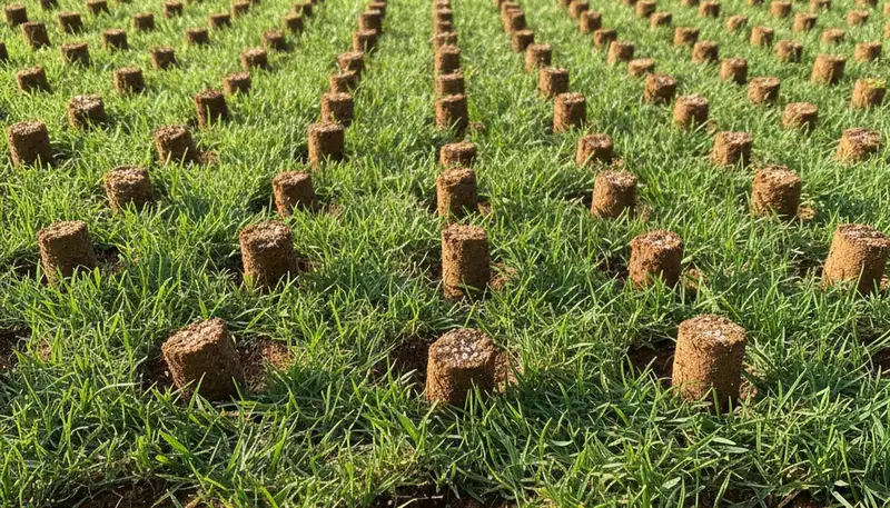Close-up of soil core plugs after lawn aeration on treated grass in Louisville, KY