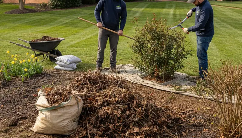 Landscape crew clearing winter debris for spring yard cleanup in Louisville, KY