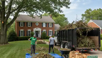 Workers clearing storm debris from yard after tree damage in Louisville KY by Chop Chop Landscaping