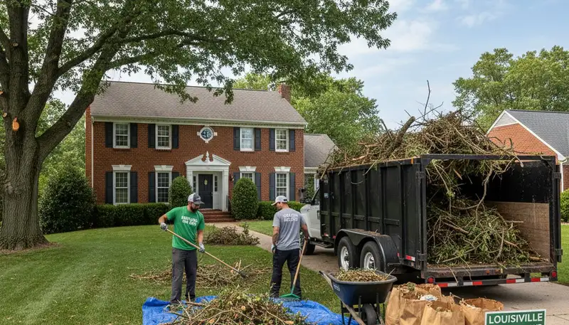 Workers clearing storm debris from yard after tree damage in Louisville KY by Chop Chop Landscaping