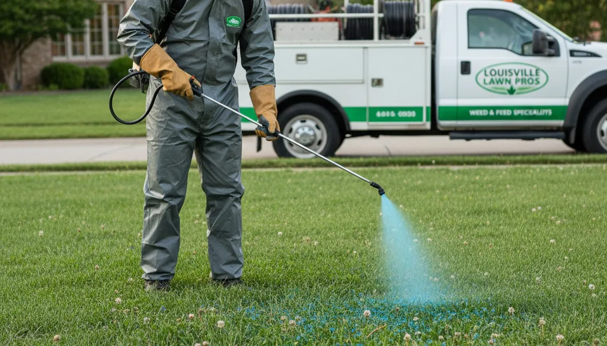 Technician applying targeted weed control on residential lawn in Louisville, KY