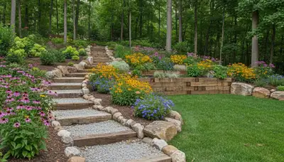 Terraced garden with timber steps and native plants by Louisville landscapers in Jeffersonville, Indiana