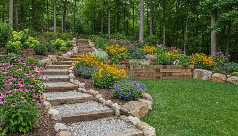 Terraced garden with timber steps and native plants by Louisville landscapers in Jeffersonville, Indiana