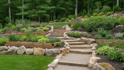Terraced garden with timber steps and native plants in New Albany IN by Louisville KY landscaping experts