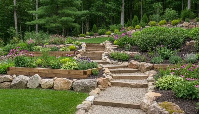 Terraced garden with timber steps and native plants in New Albany IN by Louisville KY landscaping experts